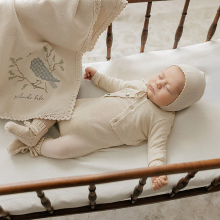 Peluche Knit Cross Stitch Blanket and Bonnet Set