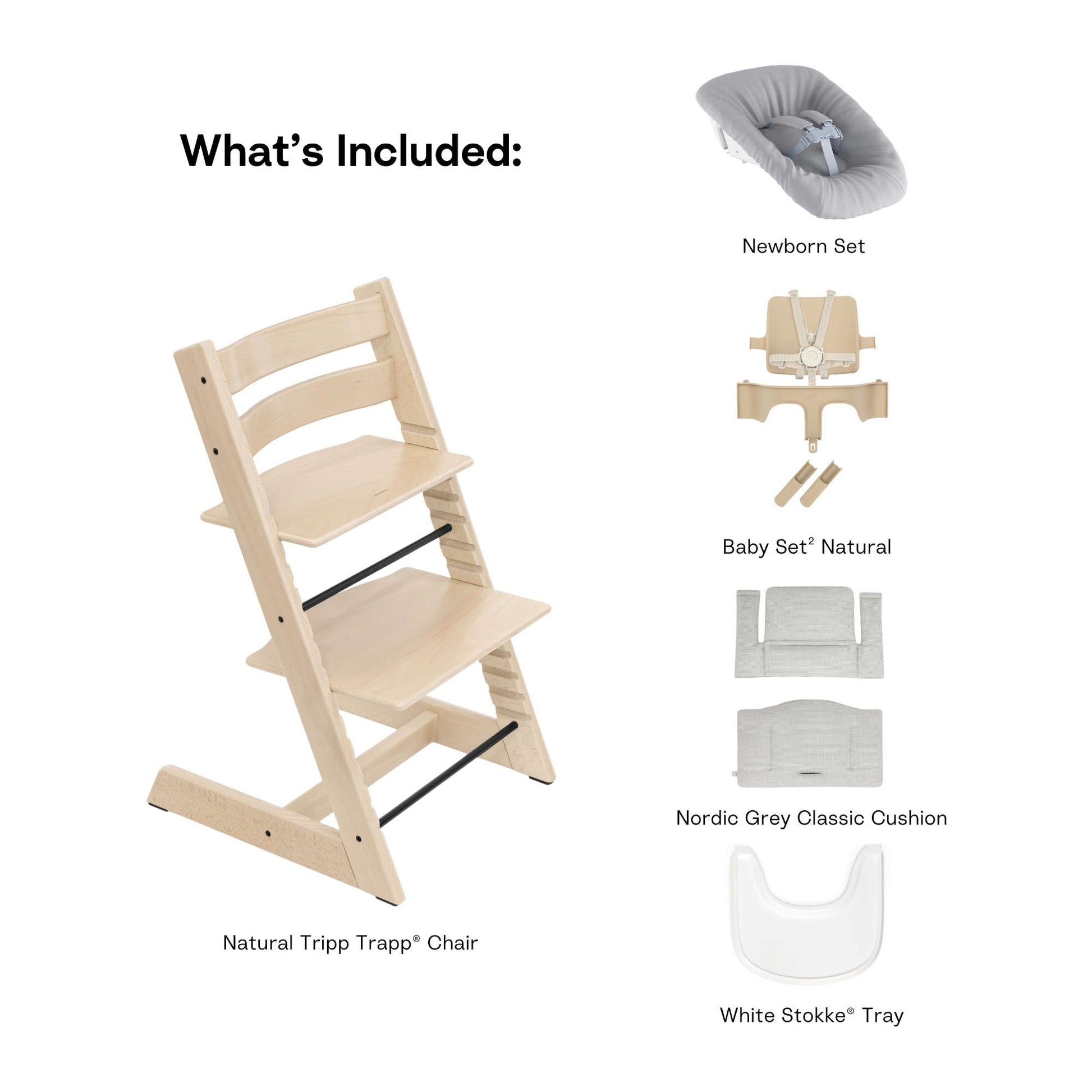 stokke tuoli Stokke Tripp Trapp High Chair² with Cushion, Tray and Newborn Set, Natural + Nordic Grey Cushion