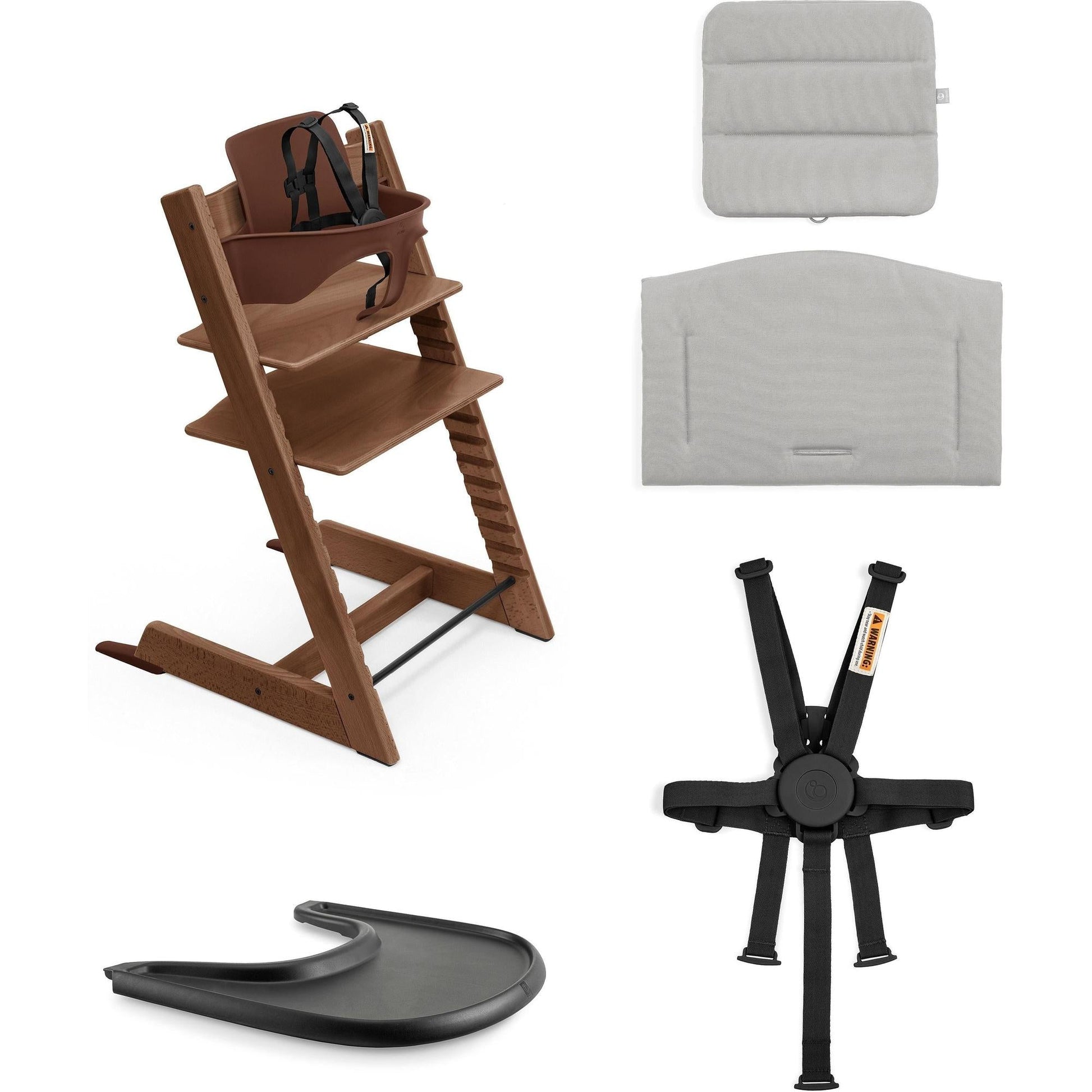 Stokke Tripp Trapp High Chair² with Cushion + Tray, Warm Brown + Anthracite Cushion, Black Tray