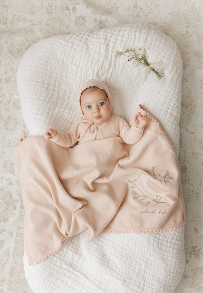 Peluche Knit Cross Stitch Blanket and Bonnet Set