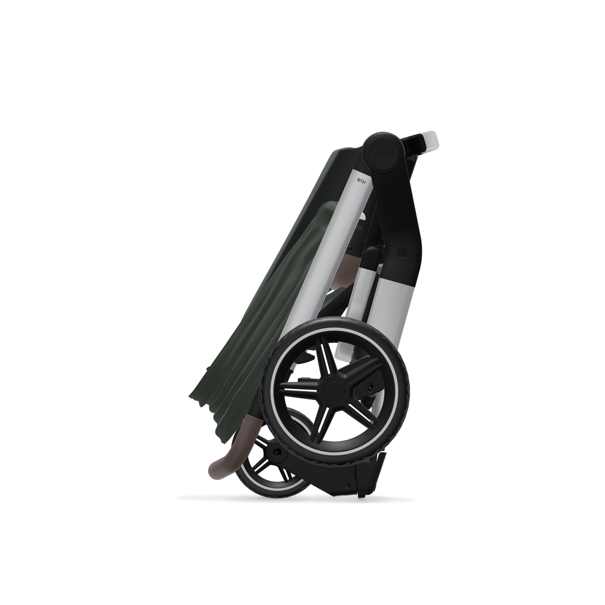 The Joolz Hub+ stroller, featured by Mega babies, has free-standing capabilities when folded.