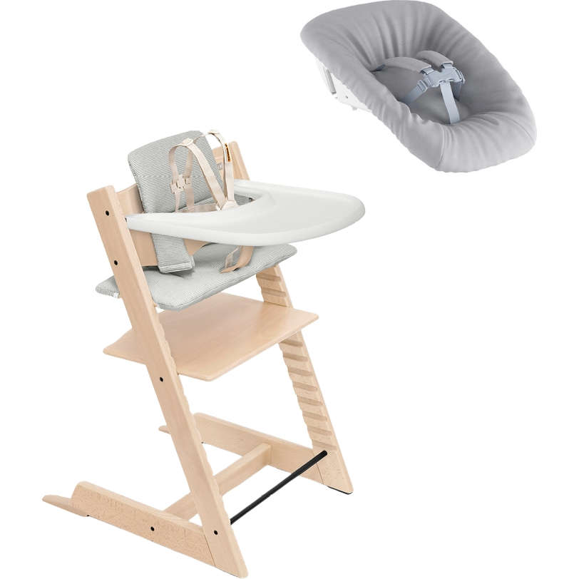 stokke tripp trapp wobbles Stokke Tripp Trapp High Chair² with Cushion, Tray and Newborn Set, Natural + Nordic Grey Cushion