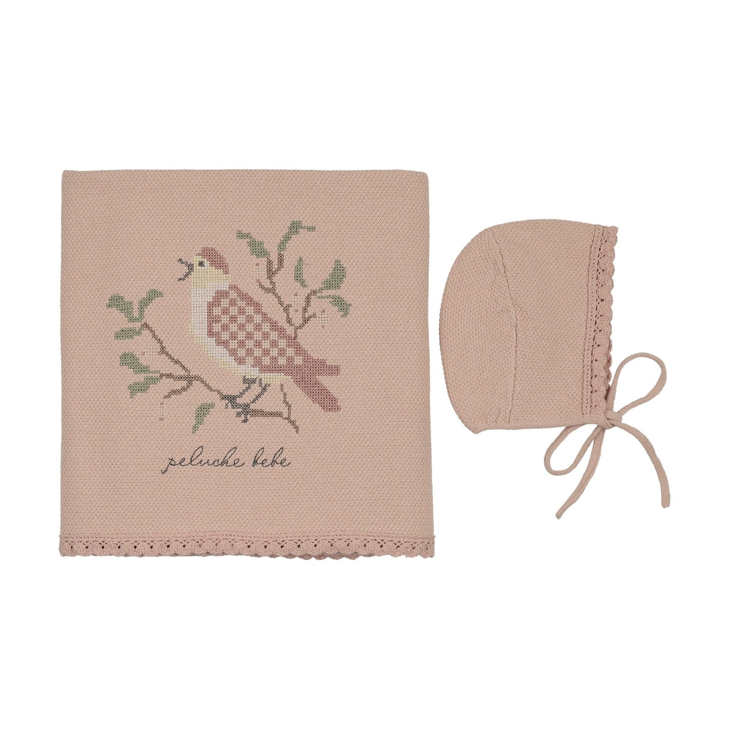 Peluche Knit Cross Stitch Blanket and Bonnet Set