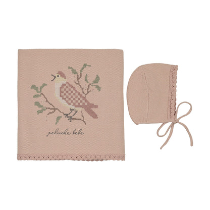 Peluche Knit Cross Stitch Blanket and Bonnet Set