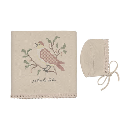 Peluche Knit Cross Stitch Blanket and Bonnet Set