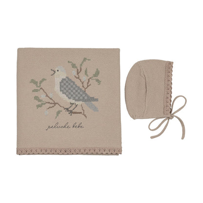 Peluche Knit Cross Stitch Blanket and Bonnet Set