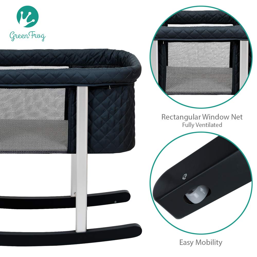 The Green Frog bassinet sold by Mega babies, has a rectangular netted window for ventilation.