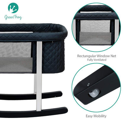 The Green Frog bassinet sold by Mega babies, has a rectangular netted window for ventilation.