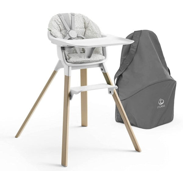 stokke - clikk high chair - sunny coral Stokke Clikk High Chair with Grey Sprinkle Cushion & Travel Bag